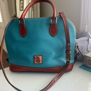 Dooney & Bourke Turquoise and Brown Structured Satchel with Gold Hardware